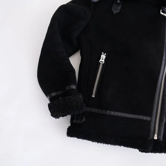 Zara Black Faux Shearling Bomber  Moto Jacket Small - Picture 9 of 16